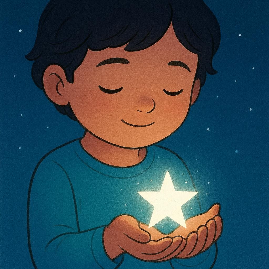 A child standing in a field at night, gently holding a single, glowing, magical star in their cupped hands, symbolizing a wish or strong desire.