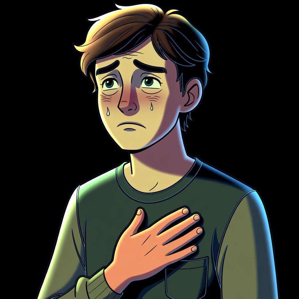 A person with a sincere, apologetic expression, holding one hand over their heart to show they mean it.