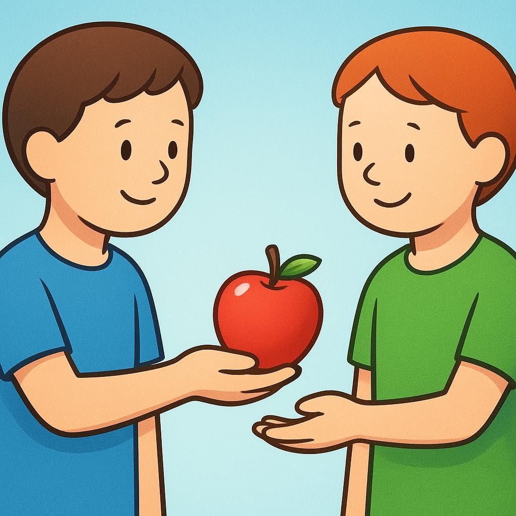 A high quality simple colorful storybook illustration showing one person handing a bright red apple to another person, illustrating the act of giving.