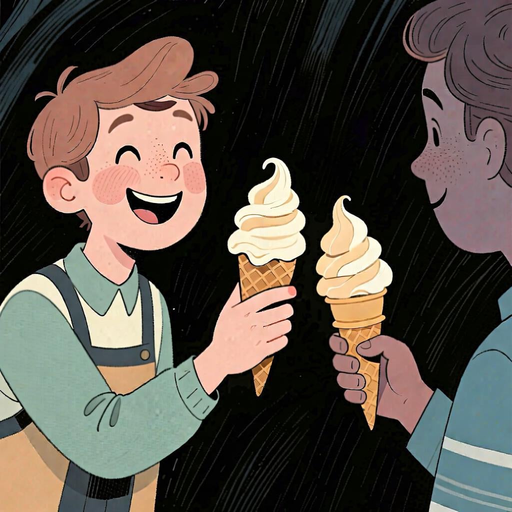 A person is given an ice cream cone, just like the person next to them, illustrating the idea of 'also' or 'too'.