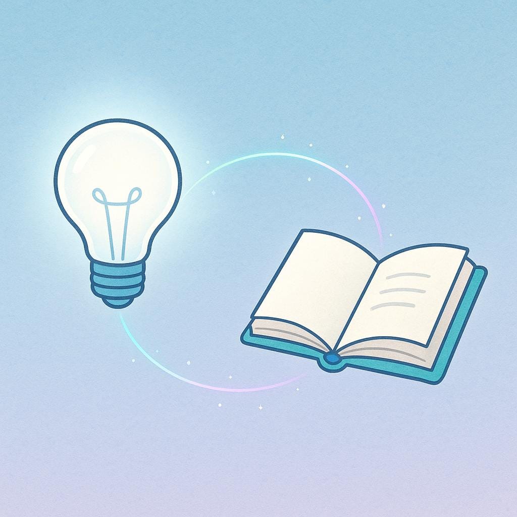 Ilustracja z książki dla dzieci przedstawiająca świecącą żarówkę połączoną otwartą księgą delikatnym, podświetlonym łukiem, symbolizującym połączenie umysłowe między ideami.