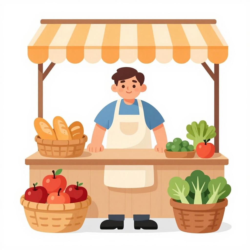 Un commerçant amical se tenant derrière un comptoir en bois rempli de paniers de fruits et légumes frais.