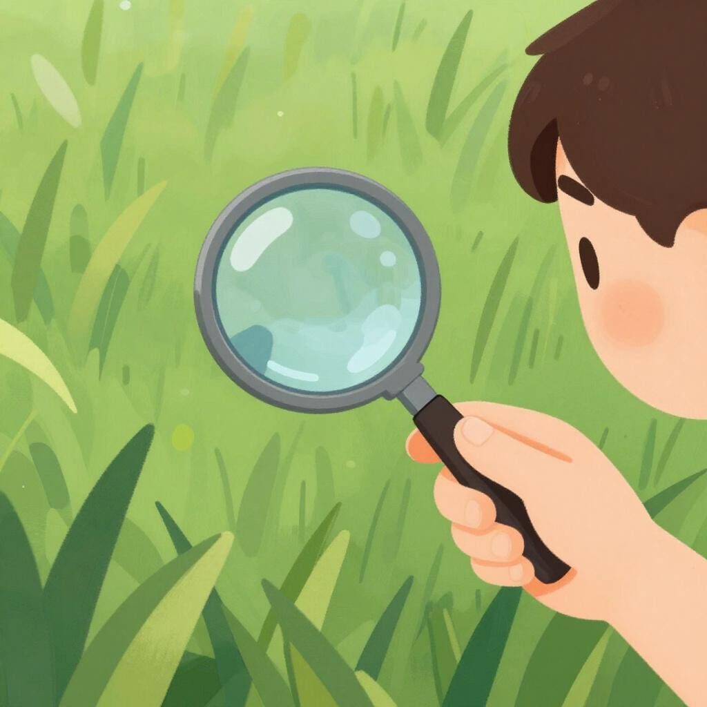 Una persona che guarda attraverso una lente d'ingrandimento una macchia di erba verde.