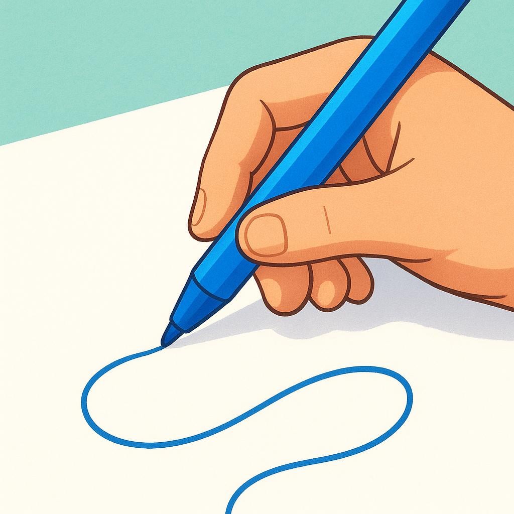 A close-up view of a person's hand holding a pen and actively drawing a continuous, flowing line on a clean white sheet of paper.