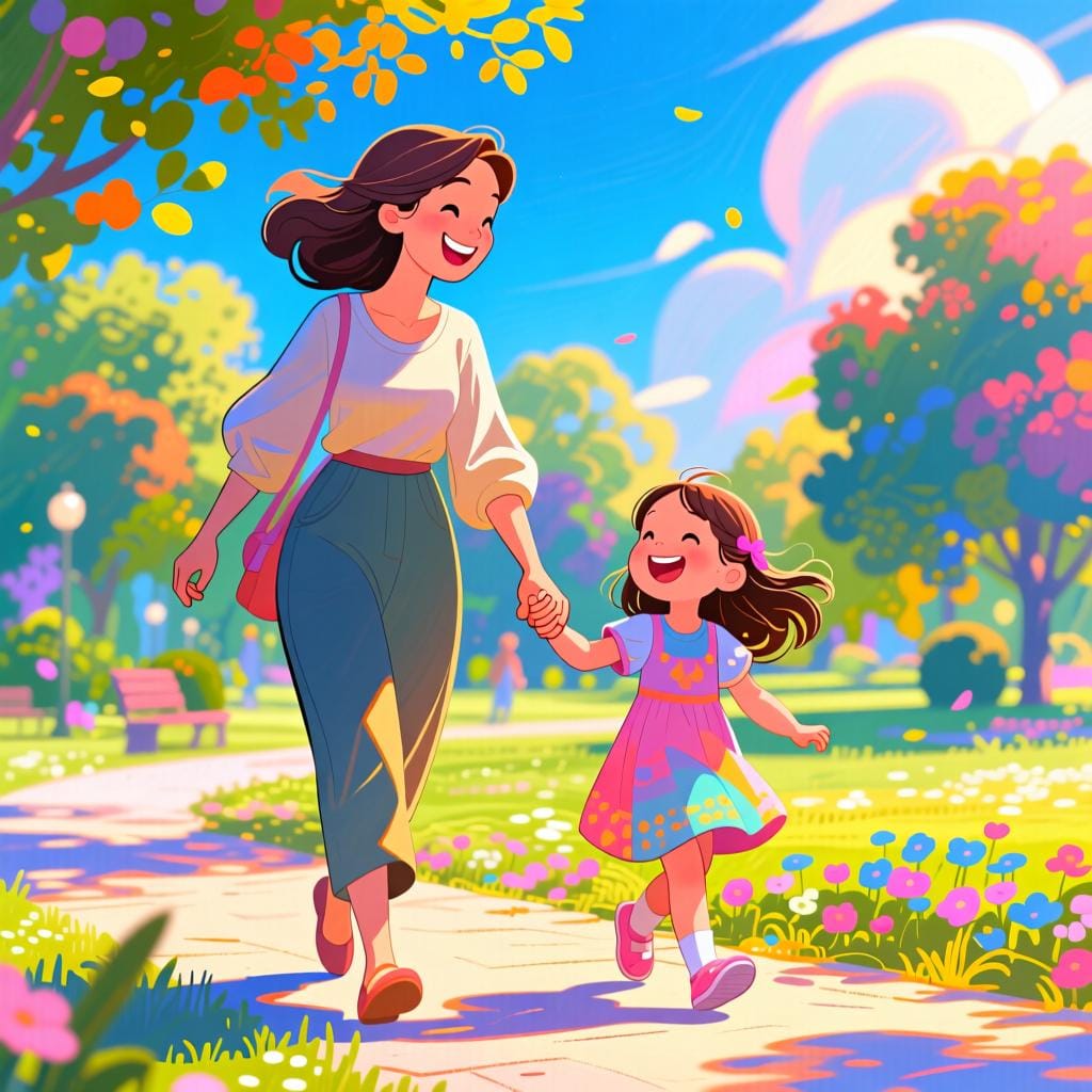 A mother and her young daughter holding hands and smiling while walking together on a path in a park.