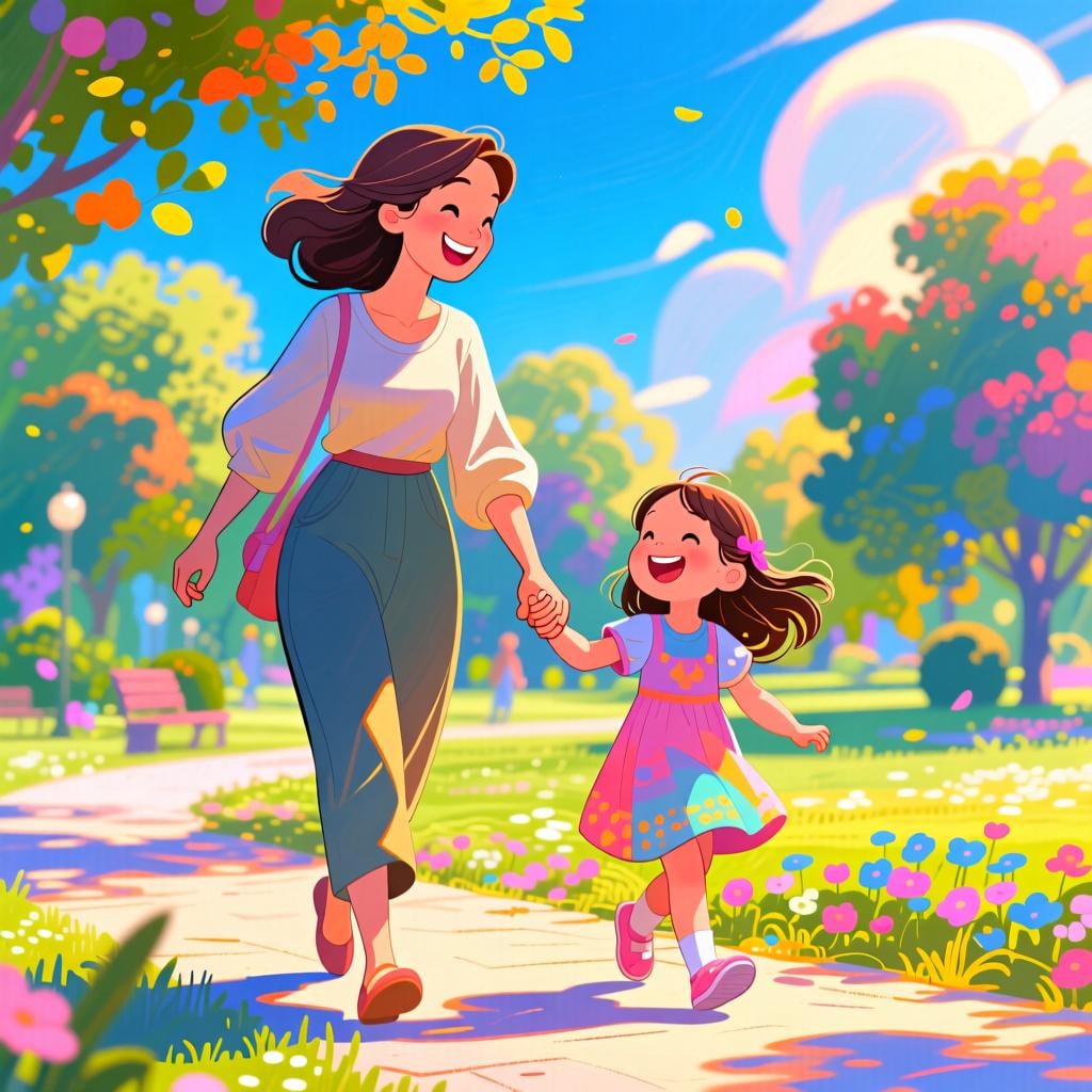 A mother and her young daughter holding hands and smiling while walking together on a path in a park.