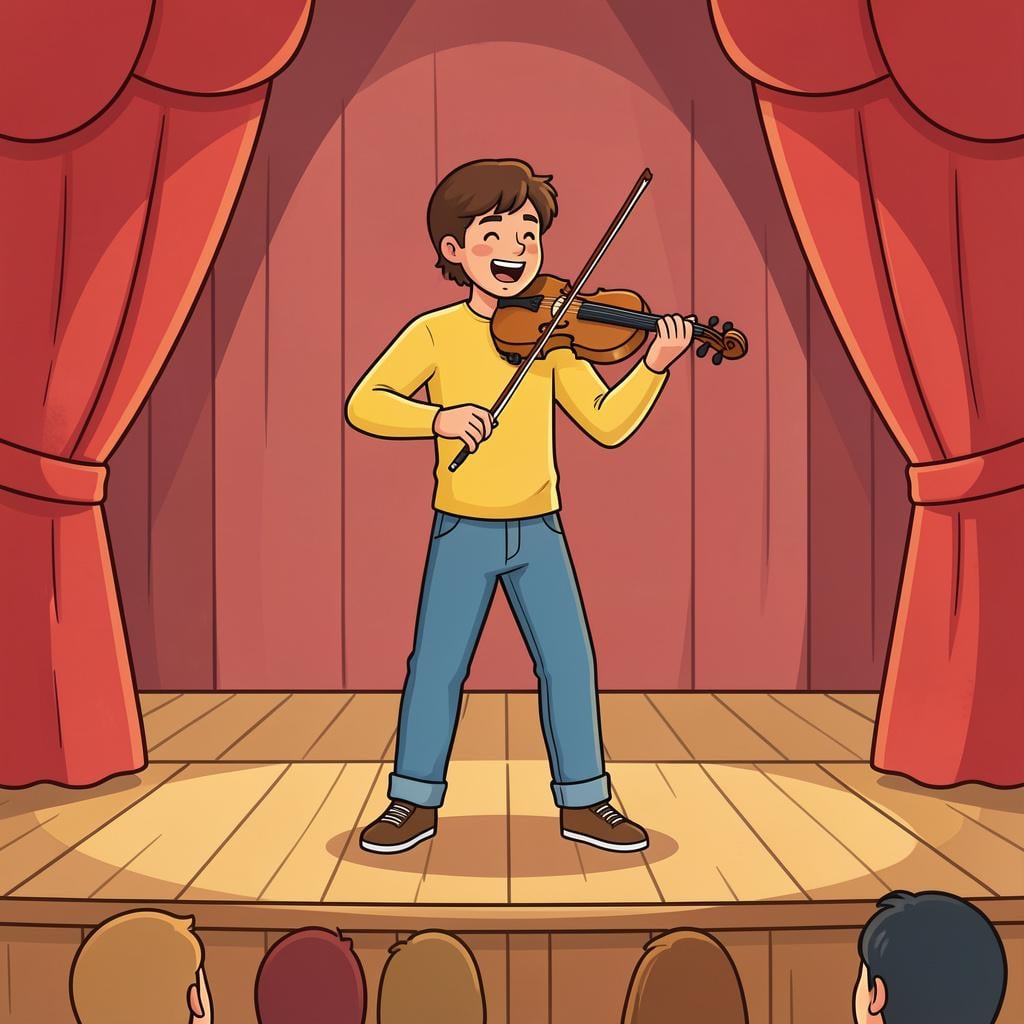 A musician playing a violin on a stage with a spotlight.