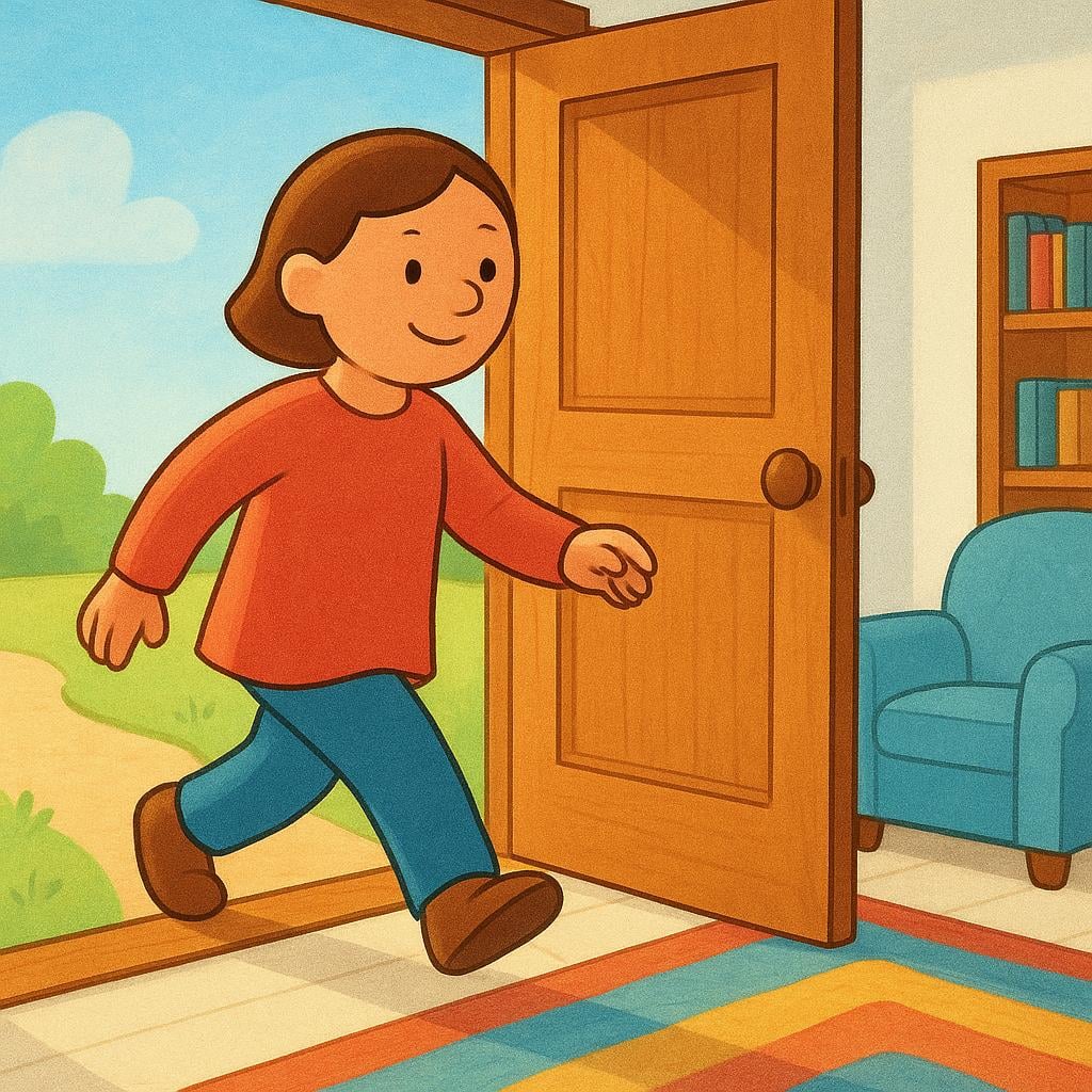 A high quality simple colorful storybook illustration showing a person stepping across the threshold of an open doorway, moving from an outdoor space into an interior room.