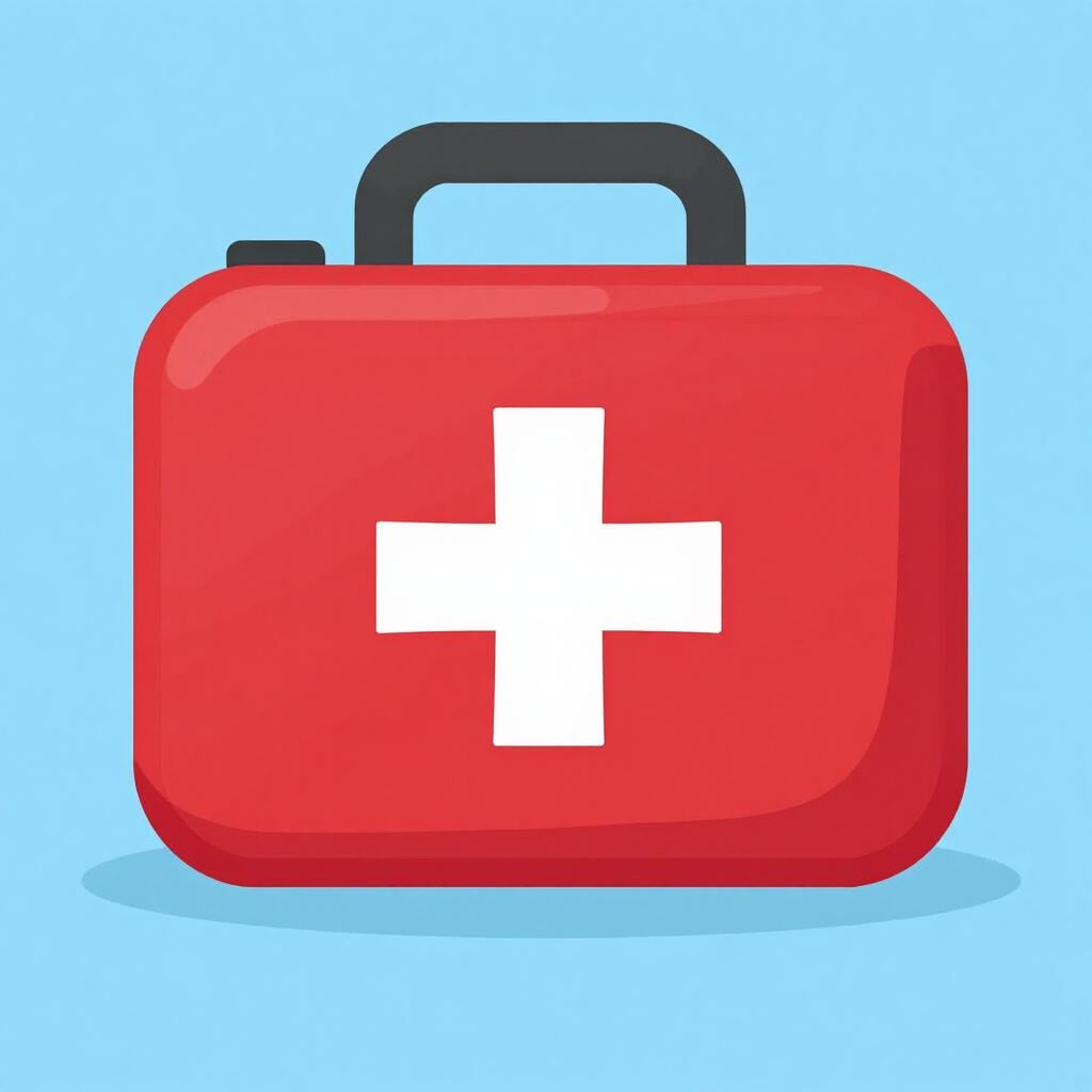 Een glimmende rode verbanddoos met een wit kruis erop, staand op een schoon oppervlak.