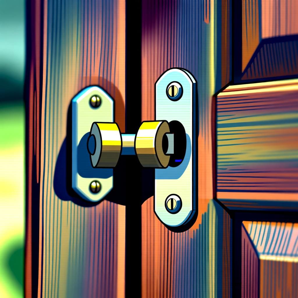 A close-up of a metal bolt latch on a wooden door, shown in the locked position.
