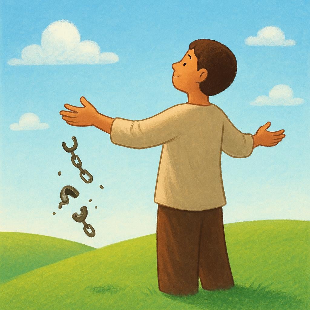 A person standing on a grassy hill, dropping broken metal restraints from their wrists, looking toward a bright, open horizon.