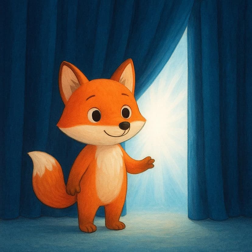 A small, friendly, anthropomorphic fox stands before a large, dark curtain. The curtain is slightly pulled back, and a powerful, bright white light is shining through the gap, suggesting an imminent discovery or future knowledge.