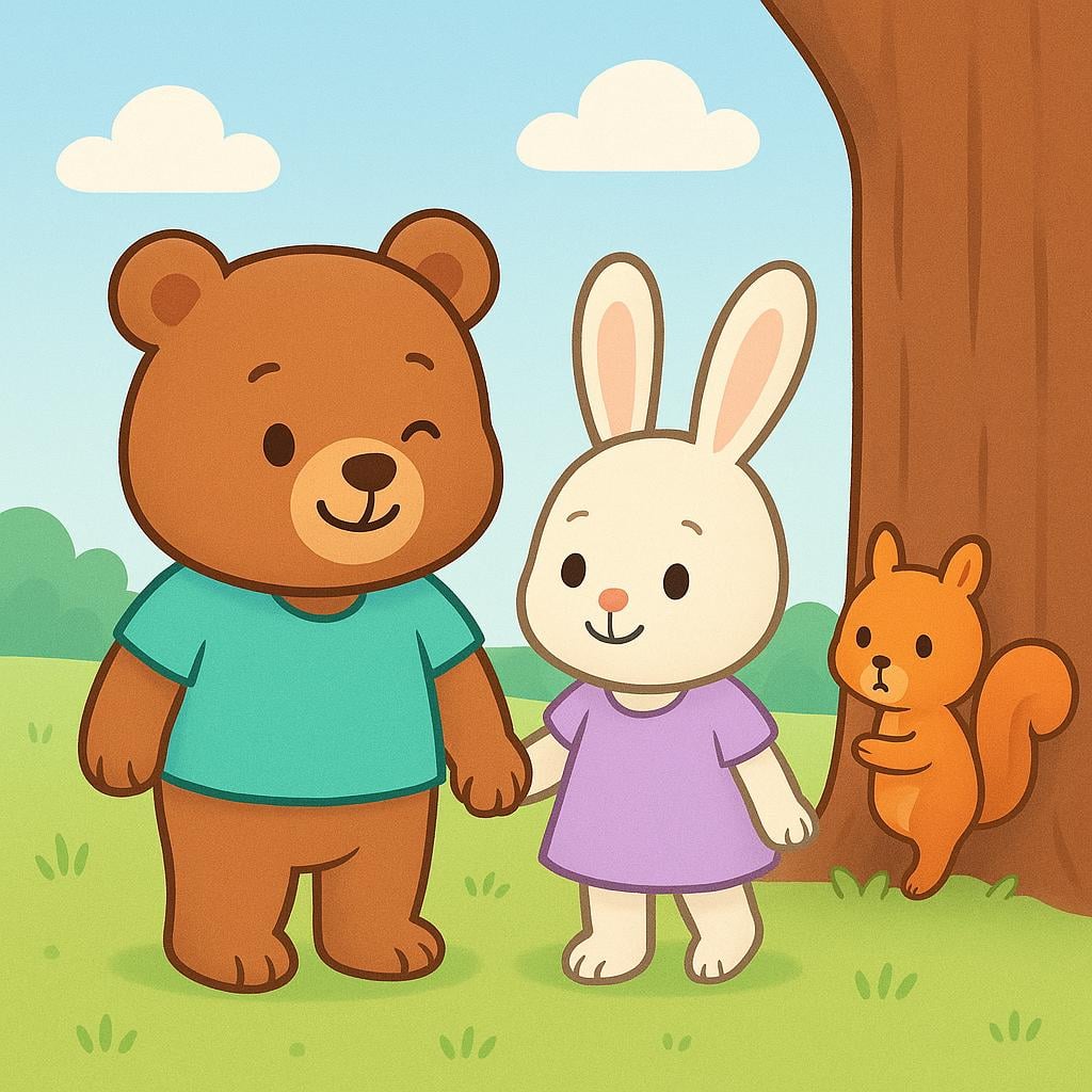 A cartoon bear and a cartoon rabbit are standing together and holding hands. The bear is looking away from the rabbit and secretly winking at a small squirrel hiding mostly behind a tree trunk, depicting cheating in a relationship.