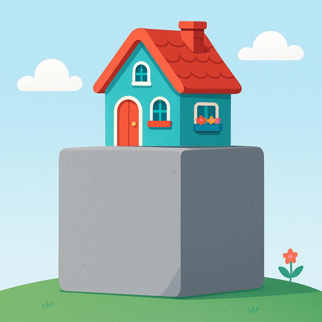 A large, sturdy cornerstone is placed prominently as the base supporting a small, colorful building, symbolizing absolute necessity.