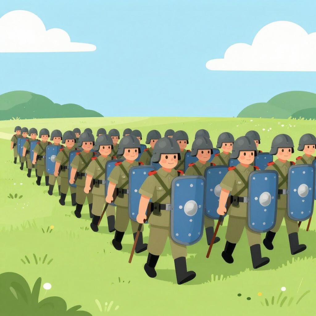 A line of many soldiers marching across a green field toward a village.