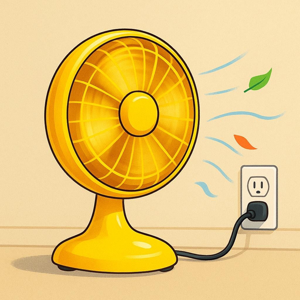 A bright yellow electric fan is plugged into a wall and spinning, illustrating something powered by electricity.