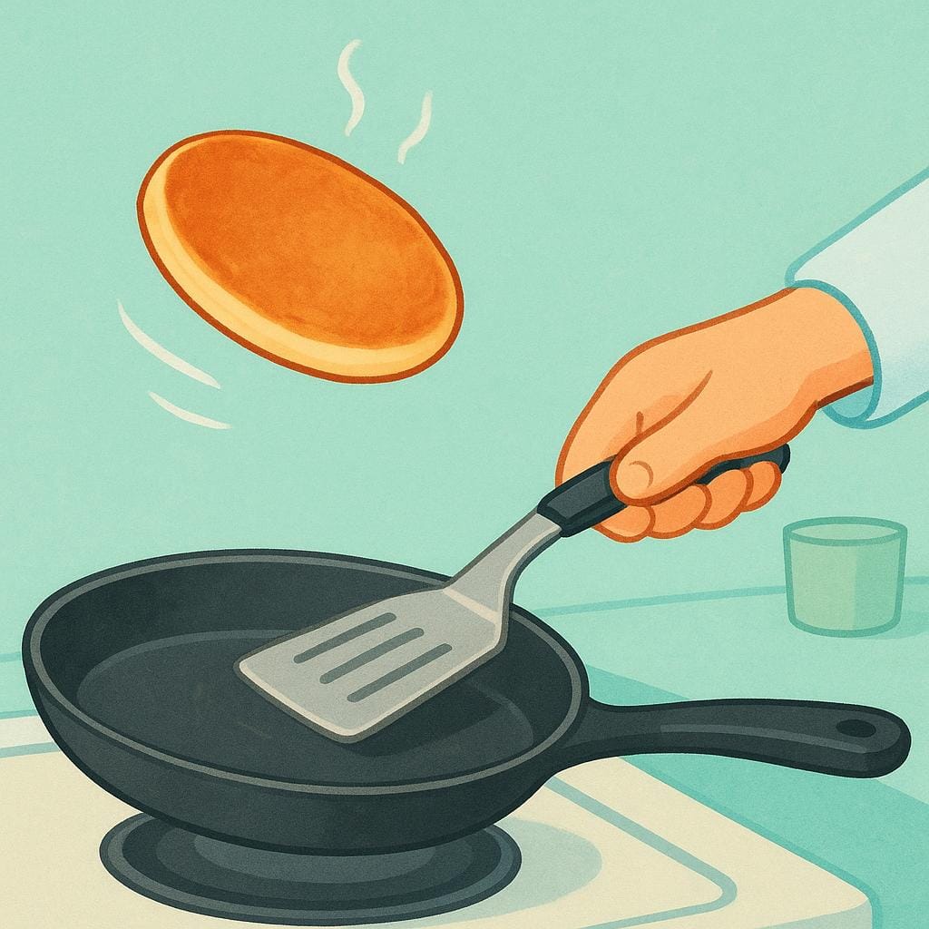 A chef's hand using a spatula to flip a golden brown pancake high above a frying pan.