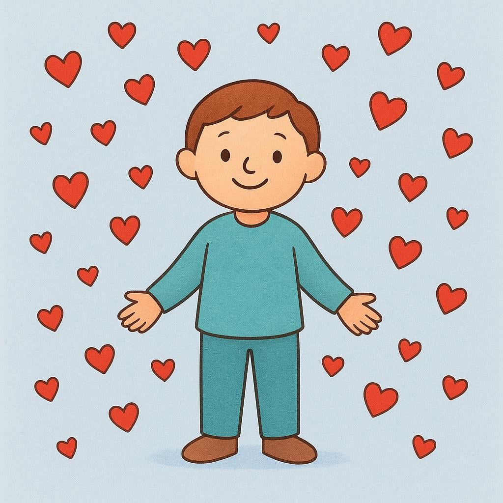 A simple illustration of a happy person standing under a light shower of small red hearts, symbolizing the state of having been loved.