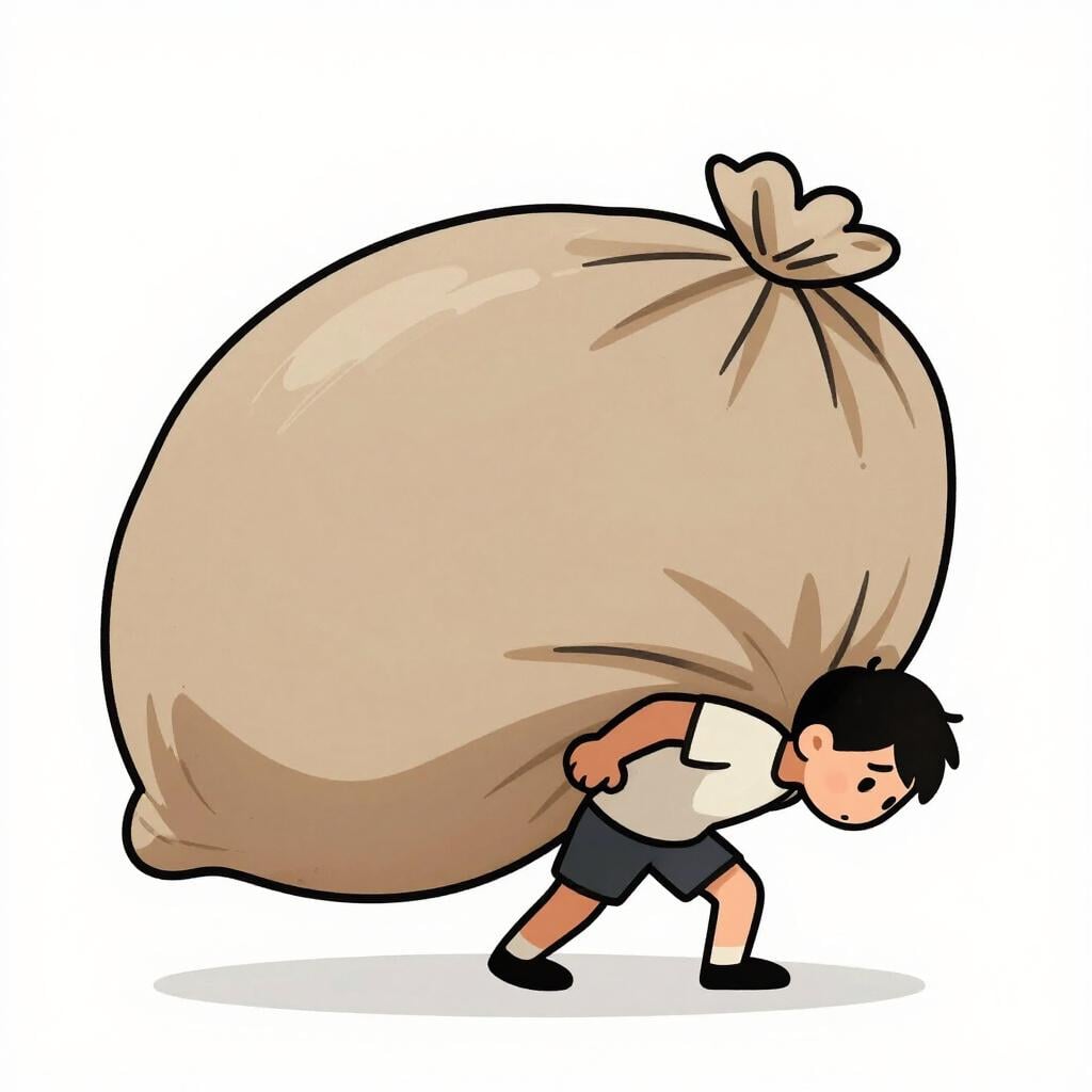 Uma figura pequena lutando para carregar um saco impossivelmente grande e pesado nas costas.