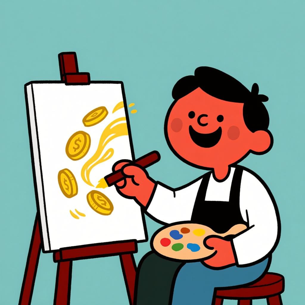 A cheerful artist painting on a canvas, with a stylized representation of money flowing from the artwork into a basket, symbolizing making a living from a skill.