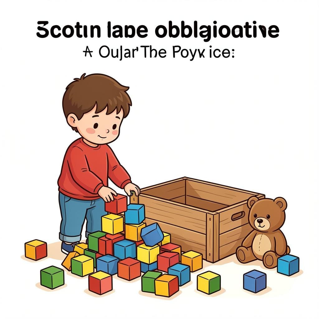 A child standing before a pile of colorful toys with an open toy box, ready to start cleaning.