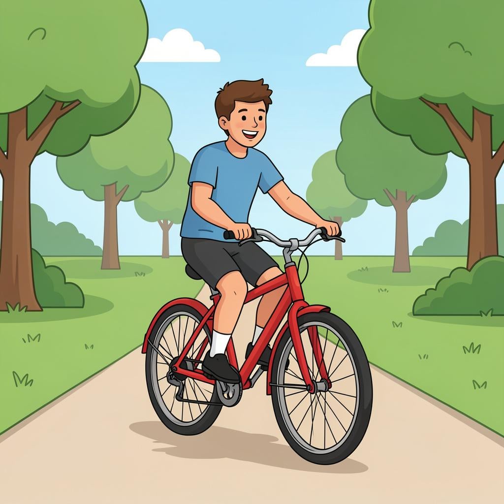 A person riding a red bicycle confidently on a path without training wheels.