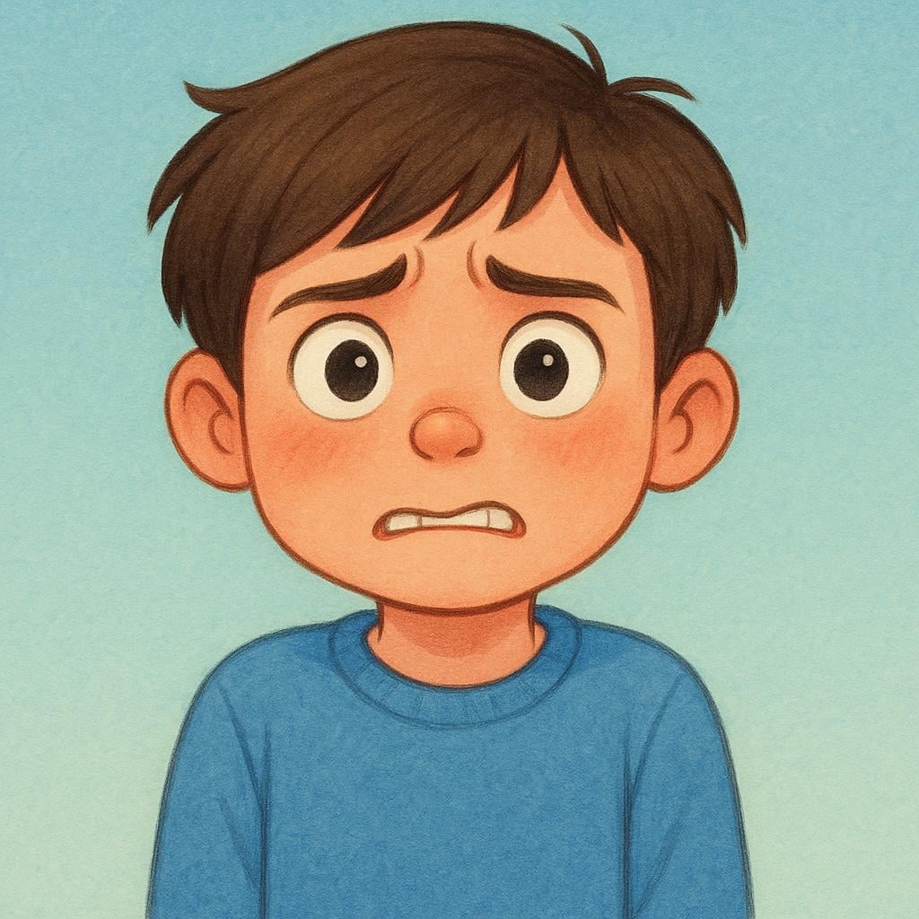 A young character biting their fingernails and looking apprehensive with wide, worried eyes, illustrating anxiety.