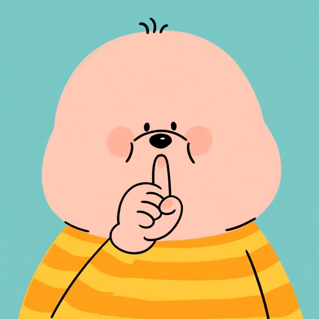 A stylized illustration of a character placing their index finger vertically over their closed lips in the universal gesture for silence.