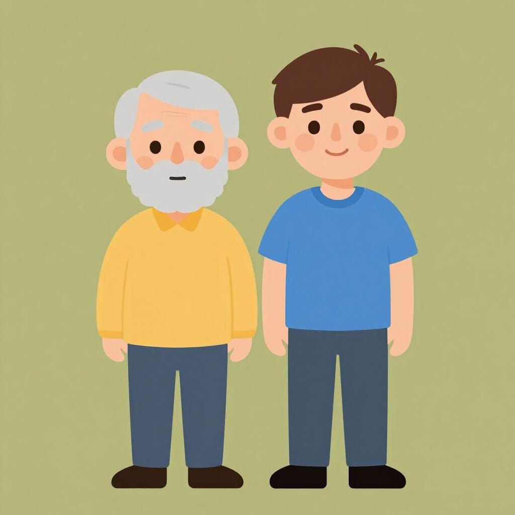 Un homme grand et âgé avec des cheveux gris se tenant à côté d'un homme plus petit et plus jeune qui lui ressemble.