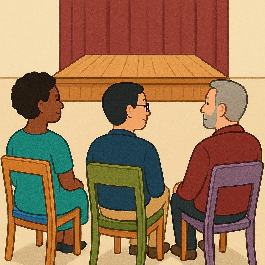 A colorful storybook illustration showing three diverse people sitting in chairs facing a small stage, indicating their presence at an event.