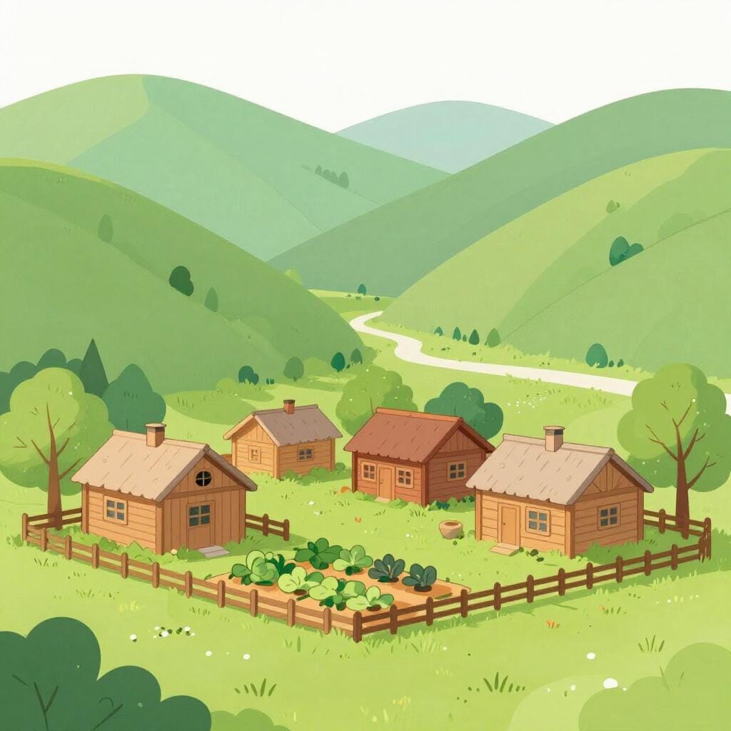Un piccolo gruppo di semplici case di legno con fumo che sale da un camino in una valle verde.