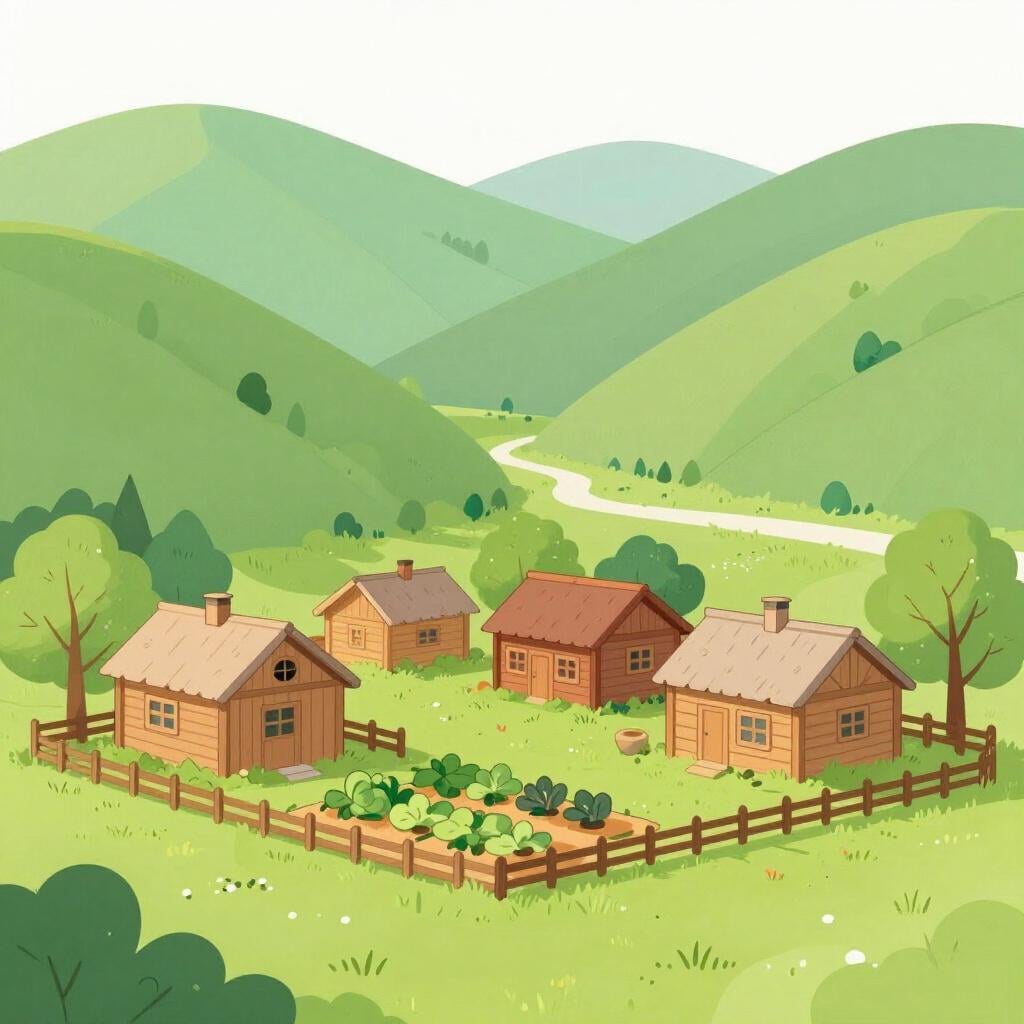 A small cluster of simple wooden houses with smoke rising from a chimney in a green valley.