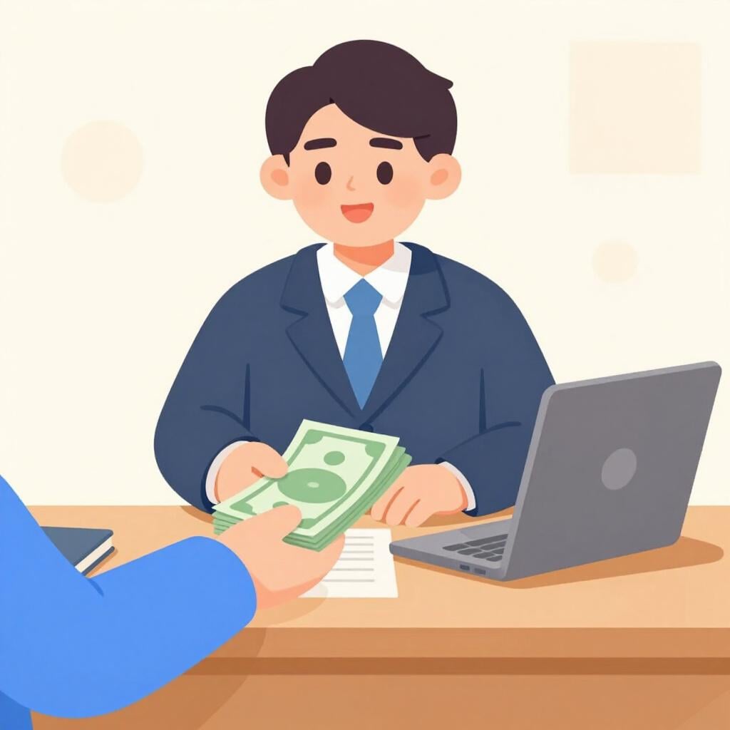 A person handing a stack of colorful paper bills to a friendly official behind a wooden desk.