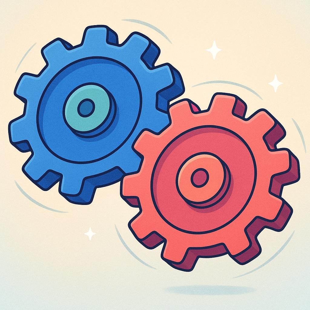 A close-up illustration of two large, interlocking metal gear wheels meshing together smoothly.