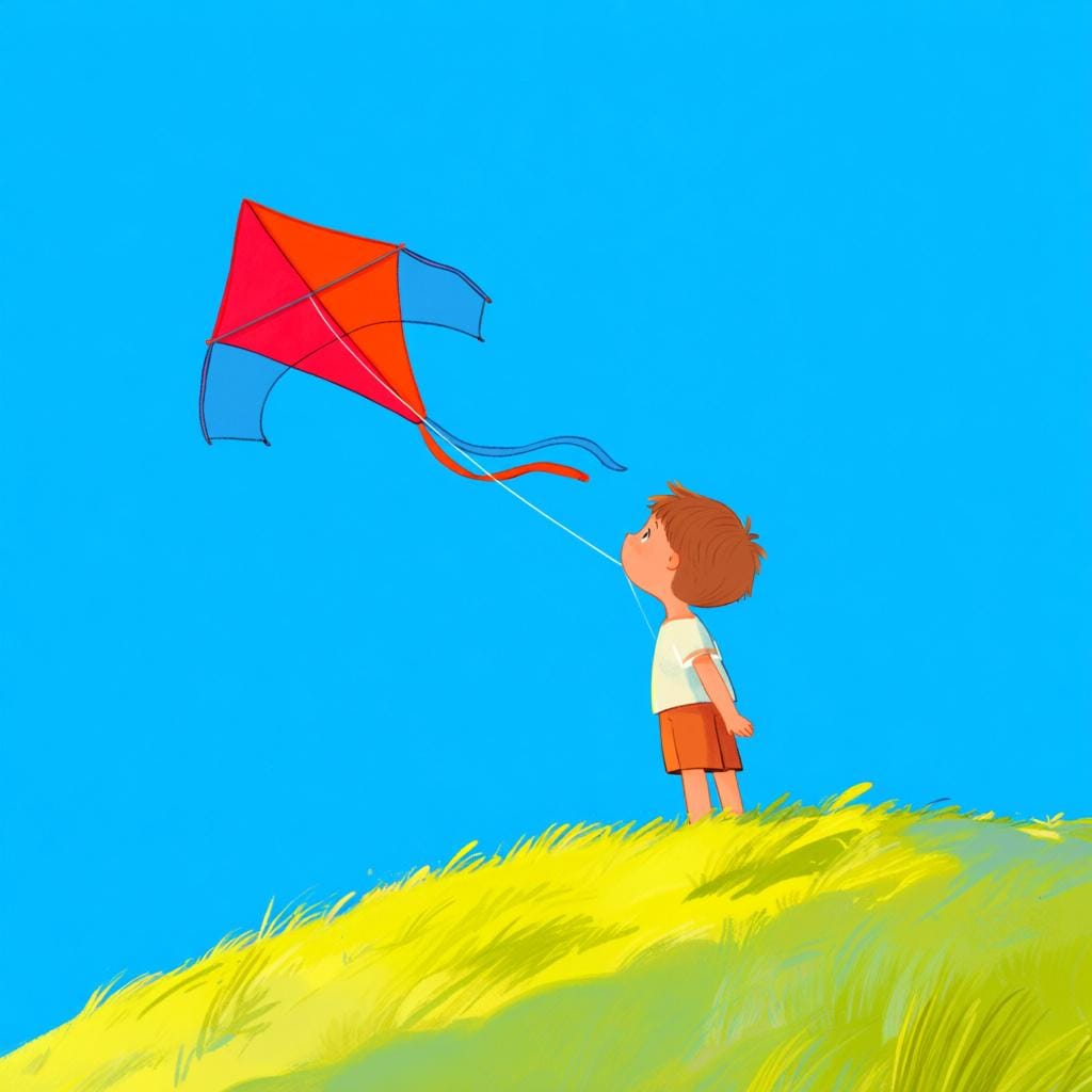 Eine freundliche Illustration einer jungen Person, die auf einem Hügel steht und auf einen hoch am Himmel fliegenden leuchtend roten und blauen Drachen aufblickt, was die Handlung des Sehens eines Objekts symbolisiert.