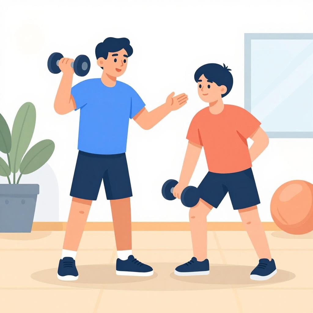 A fitness trainer in exercise clothes standing next to a client, instructing them on proper form while the client lifts a dumbbell in a gym.