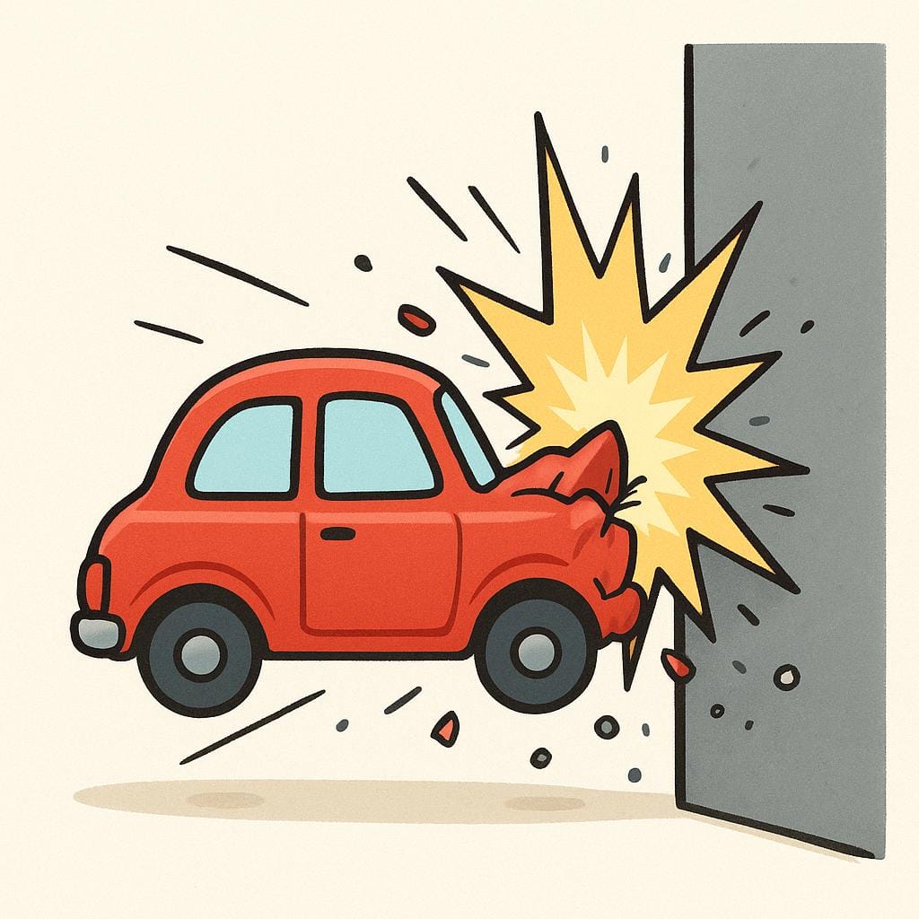 Una piccola macchinina rossa che si schianta violentemente contro un muro grigio, mostrando linee di impatto esagerate e piccoli pezzi frammentati che volano via.