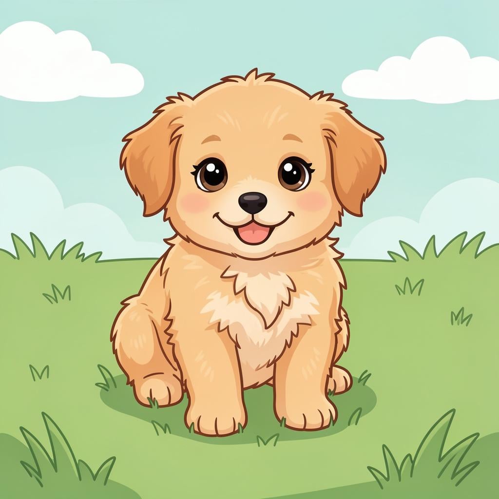 A small, fluffy golden puppy with big eyes looking up happily.