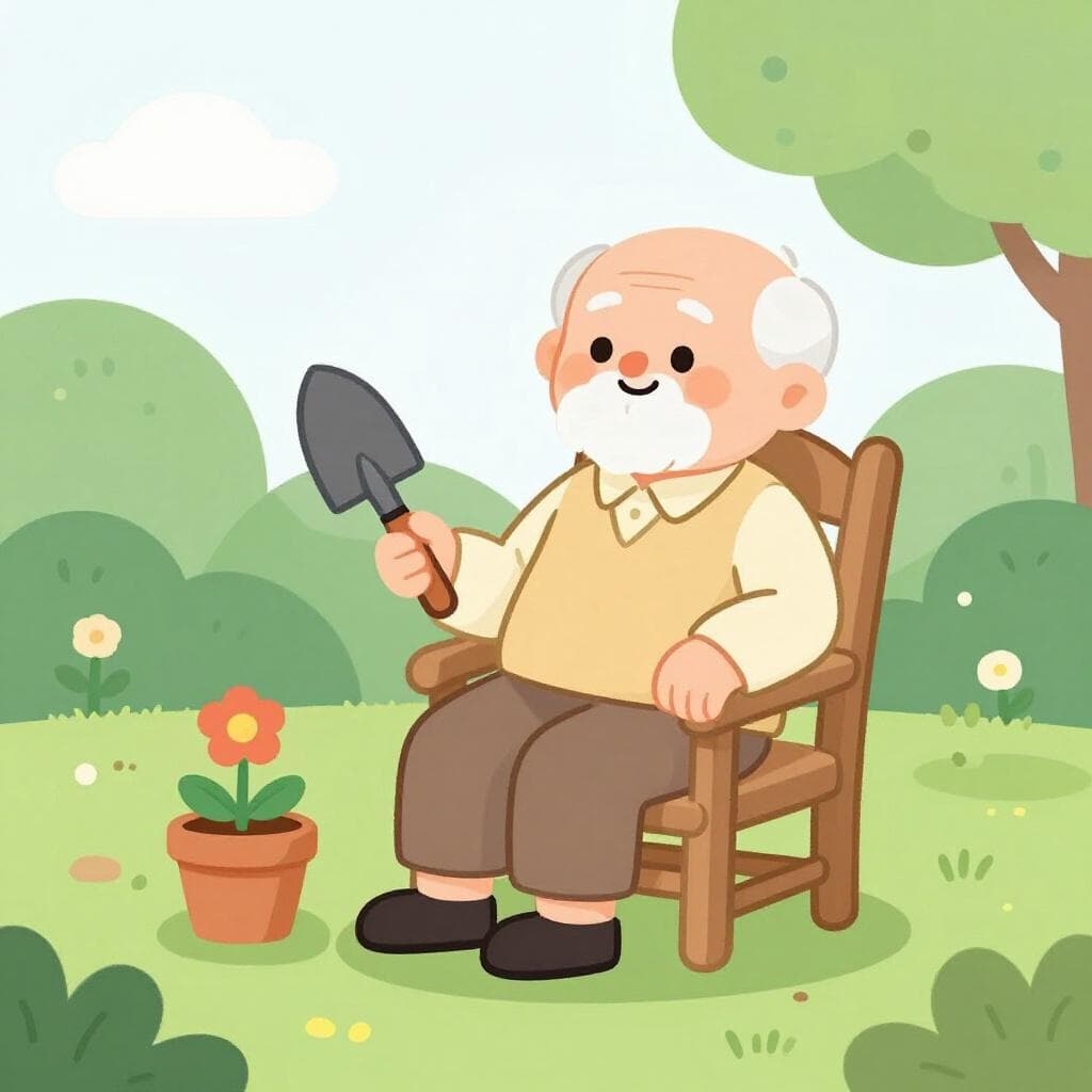 Uma pessoa idosa sorridente sentada numa confortável cadeira de jardim, segurando uma ferramenta de jardinagem com uma pequena planta por perto.