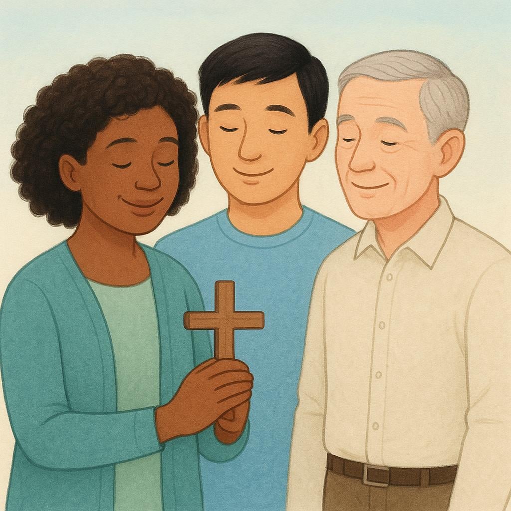 A simple storybook illustration showing three diverse people standing together peacefully, one gently holding a small, simple wooden cross.