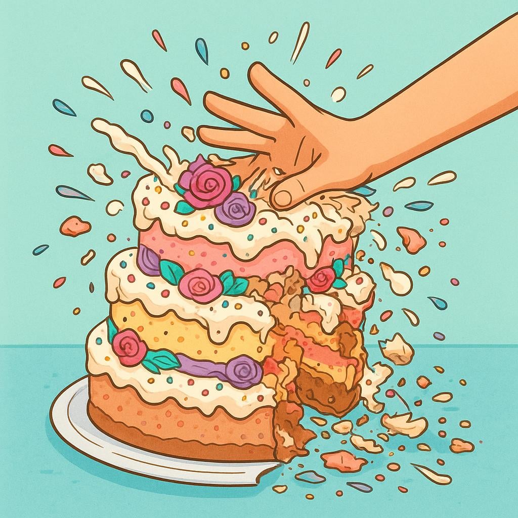 A colorful storybook illustration of a beautiful, decorated layer cake that is being deliberately smashed and ruined by a hand, symbolizing the act of ruining or spoiling.