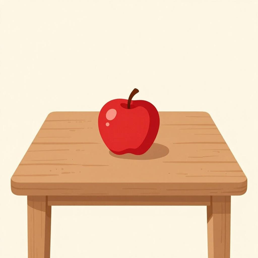 A single red apple sitting perfectly in the middle of a square white table.