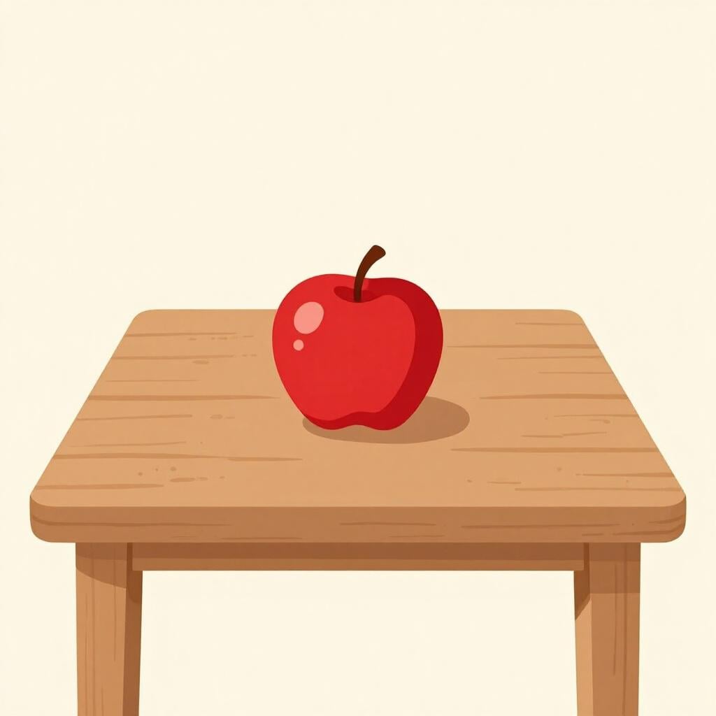 A single red apple sitting perfectly in the middle of a square white table.