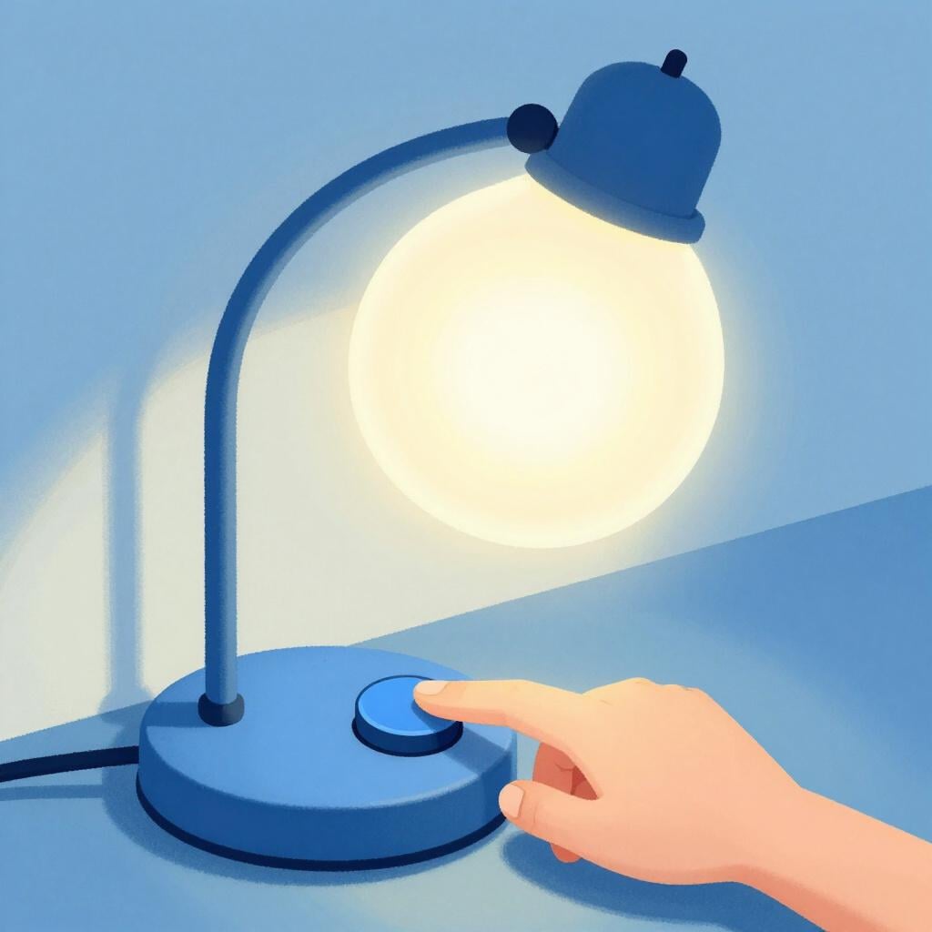 シンプルなカラフルな卓上ランプの土台にあるボタンを指で押すクローズアップイラスト。これにより、その領域が照らされる。