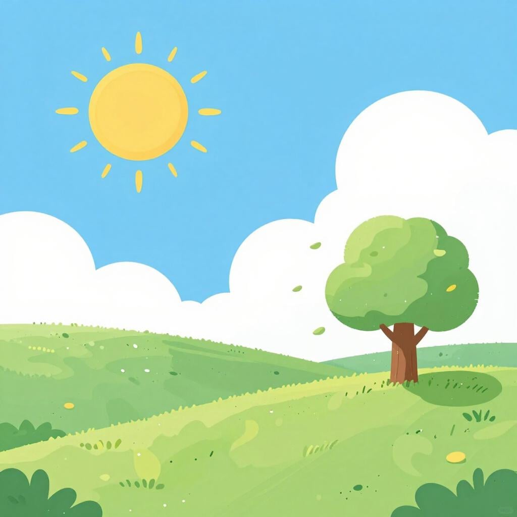 Una giornata di sole con una leggera brezza che soffia tra alberi verdi e erba morbida.