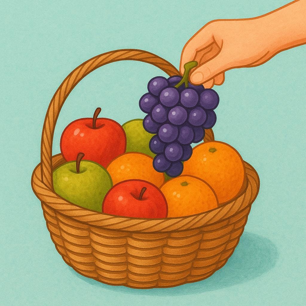 A basket of various fruits with a bunch of purple grapes being added to the top.