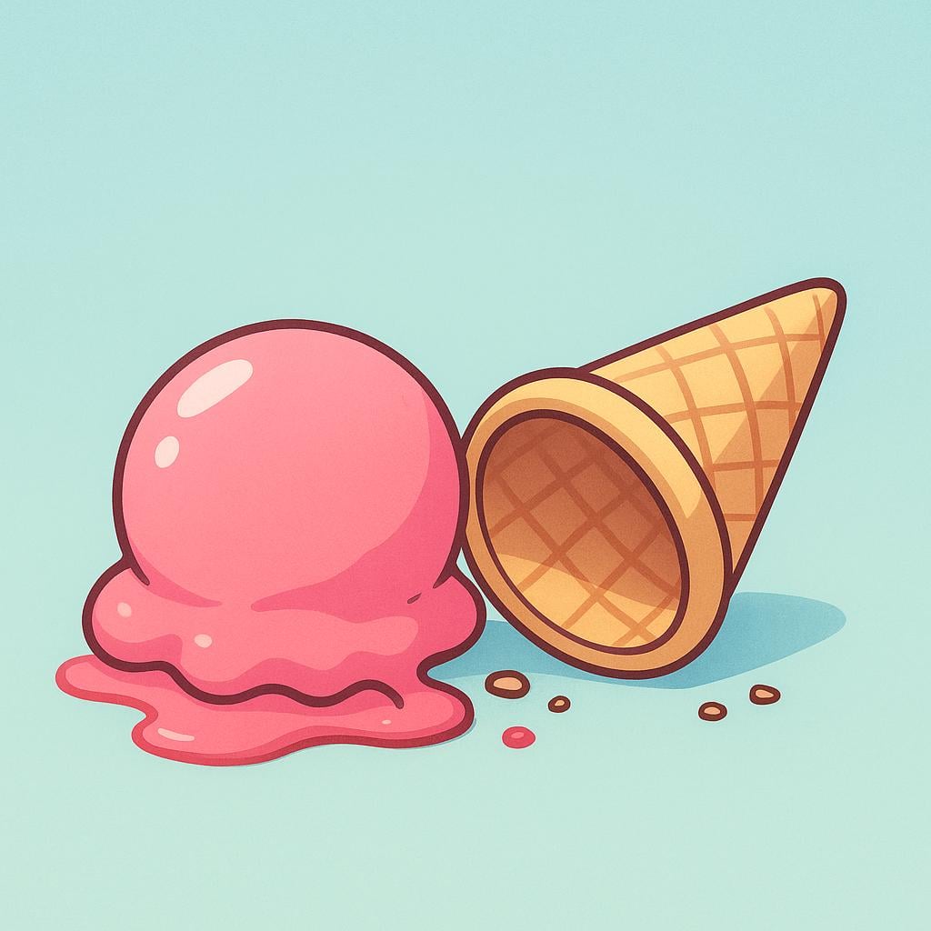 A close-up illustration showing a scoop of bright pink ice cream that has fallen out of its waffle cone and is melting slightly on the ground, symbolizing bad luck.