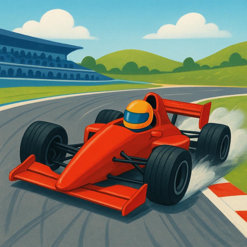 A bright red, open-wheel Formula 1 race car speeds quickly around a sharp corner on a paved racetrack, viewed from a low angle.