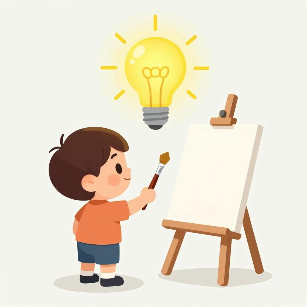 A child with a glowing yellow lightbulb floating above their head, holding a paintbrush in front of a colorful canvas.