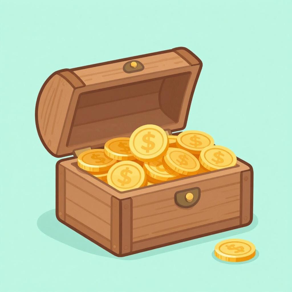 A small wooden treasure chest overflowing with shiny gold coins on a simple table.